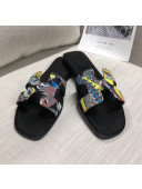 Hermes "Fantaisie Botanique" Printed Canvas Oran Sandal Black 2020