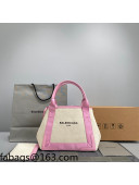 Balenciaga Navy Small Cabas Bag in Cotton Canvas and Calfskin Light Beige/Pink 2021