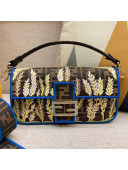 Fendi FF Plant Embroidered Fabric Medium Baguette Bag Blue 2019