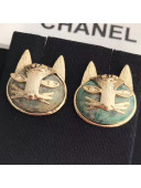 Chanel Cat Head Shaped Studs Earrings AB1788 Green/Gold 2019