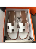 Hermes Patent Calfskin Leather Oran H Flat Slipper Sandals White