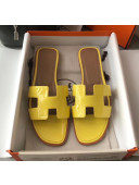 Hermes Patent Calfskin Leather Oran H Flat Slipper Sandals Yellow