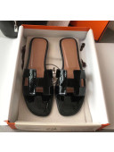 Hermes Patent Calfskin Leather Oran H Flat Slipper Sandals Black