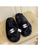 Chanel Fur Thong Flat Slide Sandals Black 2021 111192