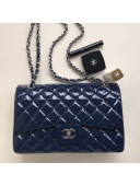 Chanel Quilted Patent Leather Large Flap Bag Navy Blue/Silver 2020