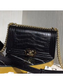 Chanel Crocodile Embossed Leather Medium Boy Flap Bag Black 2019