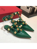 Valentino Roman Stud Lambskin Strap Flat Mules Green 2021