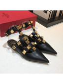 Valentino Roman Stud Lambskin Strap Flat Mules Black Leather 2021