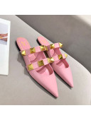 Valentino Roman Stud Calfskin Flat Mules Pink 2021