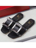 Roger Vivier Calfskin Square Buckle Flat Slide Sandals Black 2021