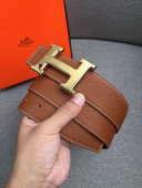 Hermes Litchi Grained Calfskin Belt 4 cm with H Buckle Brown 2021