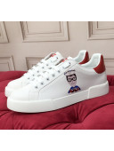 Dolce & Gabbana PORTOFINO Sneakers In Calfskin With Patch of the Designers Red/White 2020(For Women and Men)