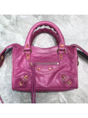 Balenciaga Classic Nano City Bag in Waxed Calfskin and Gold Hardware Fuchsia