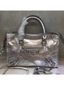 Balenciaga Classic Small City Bag in Crinkle Lambskin All Silver 2019