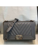 Chanel Chevron Grained Calfskin Medium Boy Flap Bag A67086 Gray/Vintage Silver 2019