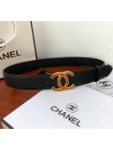 Chanle Width 3.4cm Grainy Calfskin Belt With Red Buckle Black 2020