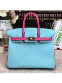 Hermes Original Multicolor Togo Leather Birkin 25/30/35 Handbag Light Blue/Rosy (Gole-tone Hardware)