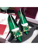 Roger Vivier Flower Strass Buckle Ballerinas in Silk Satin Green 2020