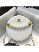 Chanel Quilted Leather Pearl Round Clutch with Chain White 2019