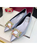 Roger Vivier Flower Strass Buckle Ballerinas in Silk Satin Grey-Blue 2020