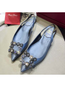 Roger Vivier Flower Strass Buckle Sling Back Ballerinas in Silk Satin Light Blue 2020