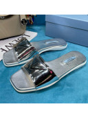 Prada Shiny Leather Triangle Logo Flat Slide Sandals Silver 2021