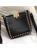 Valentino Mini Grainy Calfskin Leather Rockstud Hobo Bag 50031 Black/Gold 2020