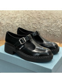 Prada Brushed-Leather Mary Jane T-strap Shoes/Loafers Black 2022