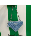 Prada Triangle Crystal Embellished Satin and Leather Mini Pouch 1NR015 Blue 2023