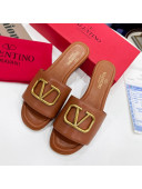 Valentino VLogo Calf Leather Flat Slide Sandals Brown 2022 0323147