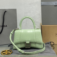 Balenciaga Hourglass Mini Top Handle Bag in Shiny Crocodile Leather Mint Green/Silver 2021