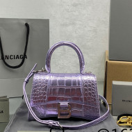 Balenciaga Hourglass Mini Top Handle Bag in Shiny Crocodile Leather Glazed Purple 2021