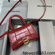 Balenciaga Hourglass Mini Top Handle Bag in Shiny Crocodile Leather Burgundy 2021