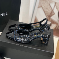 Chanel Tweed Slingback Pumps 6.5cm G31318 Black/Blue 2022 05