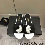 Chanel Grosgrain Camellia Bloom Flat Slide Sandals White/Black 2022 0321103