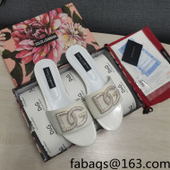 Dolce & Gabbana Patent Leather Crystal DG Flat Slide Sandals White 2022