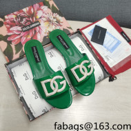 Dolce & Gabbana Patent Leather Crystal DG Flat Slide Sandals Green 2022