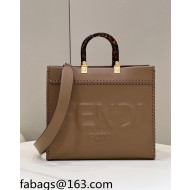 Fendi Sunshine Medium Shopper Tote Bag with Braided Trim Dark Beige 2022 8535