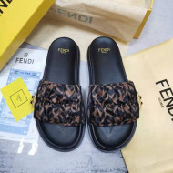 Fendi Feel FF Satin Drawstring Flat Slide Sandals Brown 2022 032241