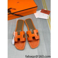 Hermes Oran Crocodile Embossed Leather Flat Slide Sandals Orange 2022 07