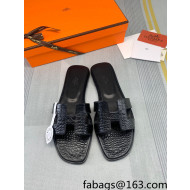 Hermes Oran Crocodile Embossed Leather Flat Slide Sandals Black 2022 08