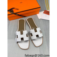 Hermes Oran Crocodile Embossed Leather Flat Slide Sandals White 2022 09