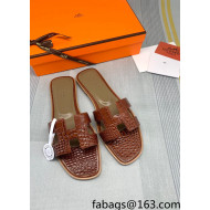 Hermes Oran Crocodile Embossed Leather Flat Slide Sandals Brown 2022 10