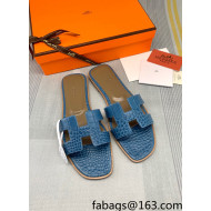 Hermes Oran Crocodile Embossed Leather Flat Slide Sandals Blue 2022 11