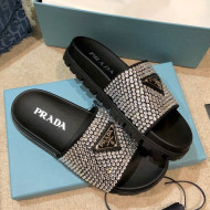 Prada Crystal Flat Slide Sandals Black 2021