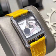 Hermes Cape Cod Crocodile Embossed Leather Crystal Square Watch Yellow 2019