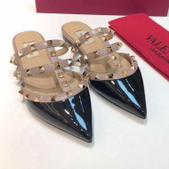 Valentino Rockstud Patent Leather Flat Mules Black 2021