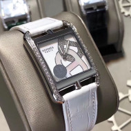 Hermes Cape Cod Crocodile Embossed Leather Crystal Square Watch White 2019