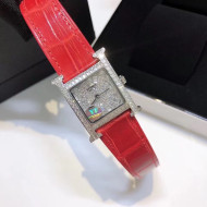 Hermes H-Our Crocodile Embossed Leather Crystal Watch 26x26mm Red 2020