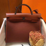 Hermes Herbag 31cm PM Double-Canvas Shoulder Bag Rust Red/Dark Coffee